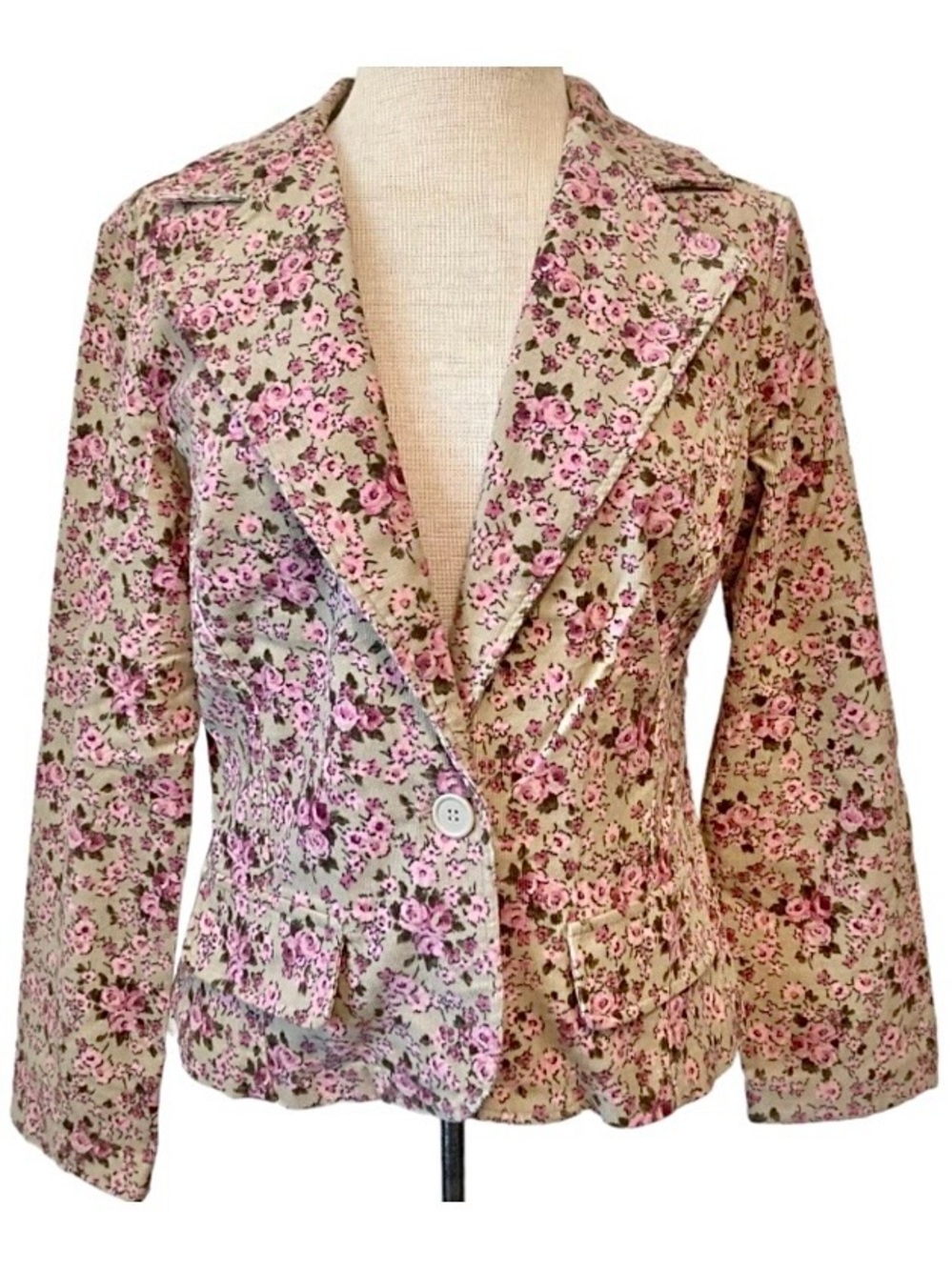 Vintage Y2K Floral Corduroy Blazer Jacket Pink Tan Beige Flower Rose Size Large